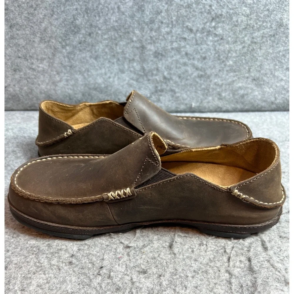 Olukai Moloa Mens Leather Slip On Shoes Dark Wood Brown Drop-In Heel Loafers 9.5